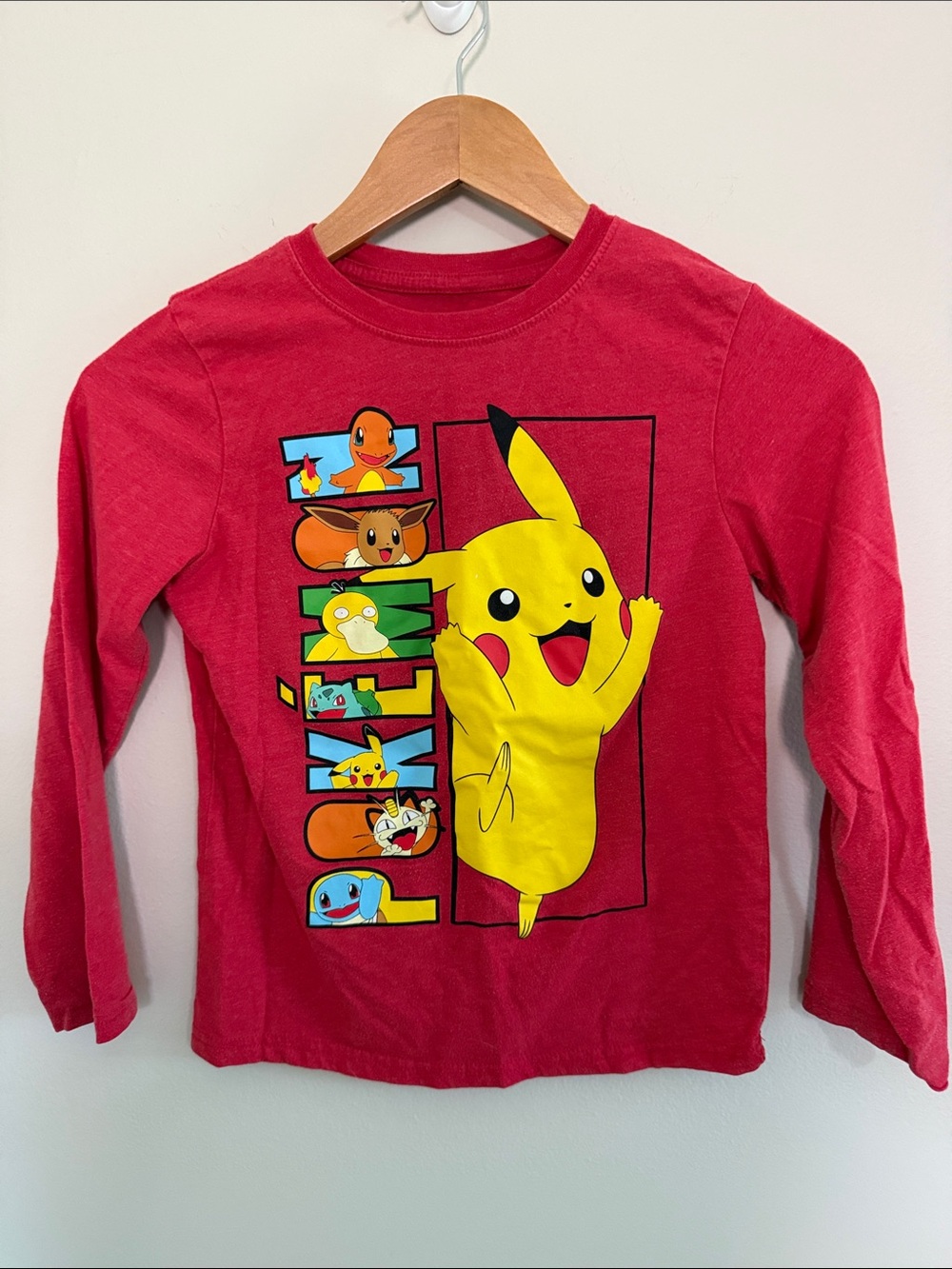 Pokemon Red Long Sleeve Tee with Large Yellow Pikachu Graphic
